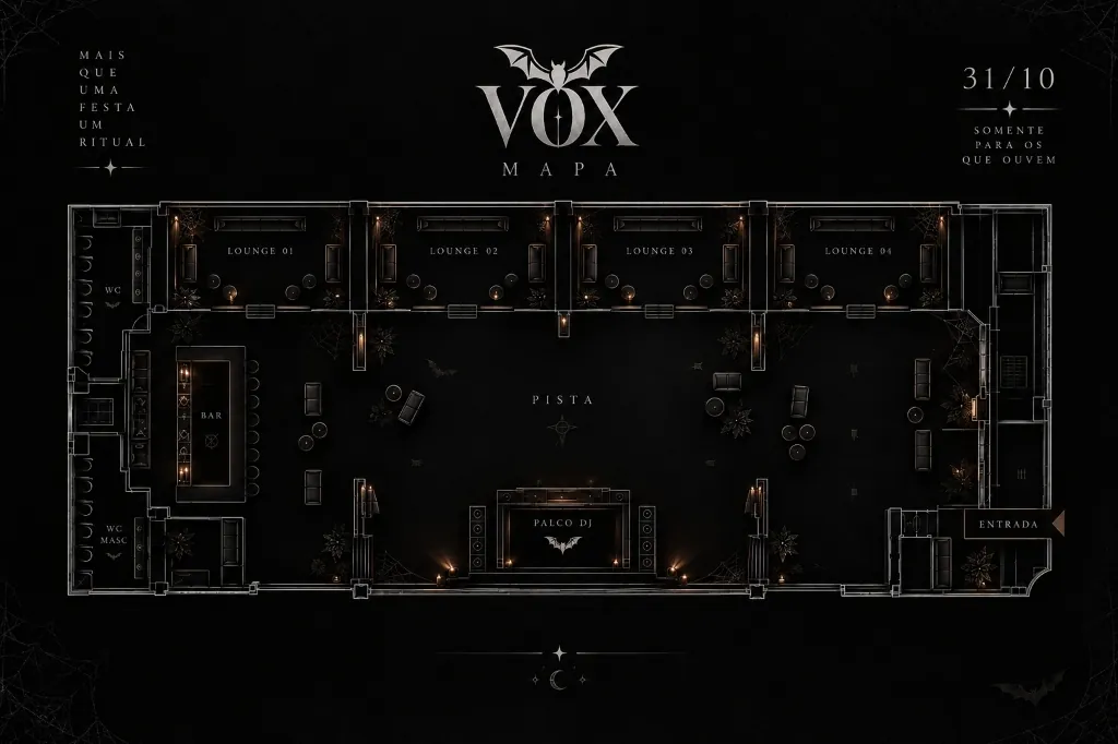 Mapa arquitetônico oficial da Vöx: A Noite das Sombras mostrando Lounges 01 a 04, Pista, Palco DJ, Bar e Entrada